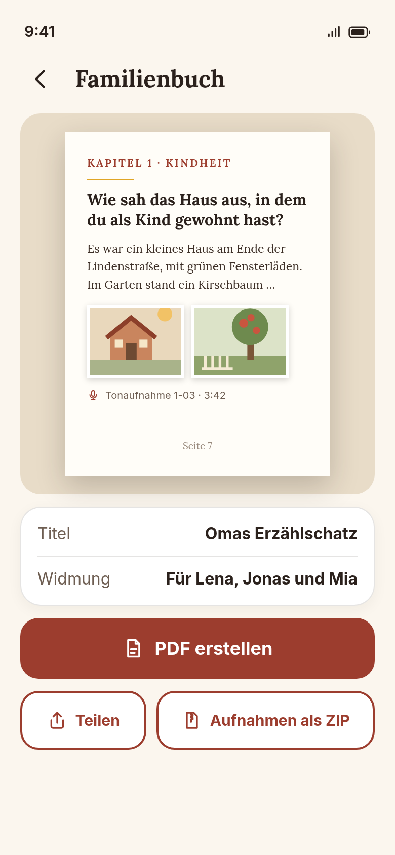 Familienbuch-Vorschau mit Buchseite und den Knöpfen PDF erstellen, Teilen und Aufnahmen als ZIP