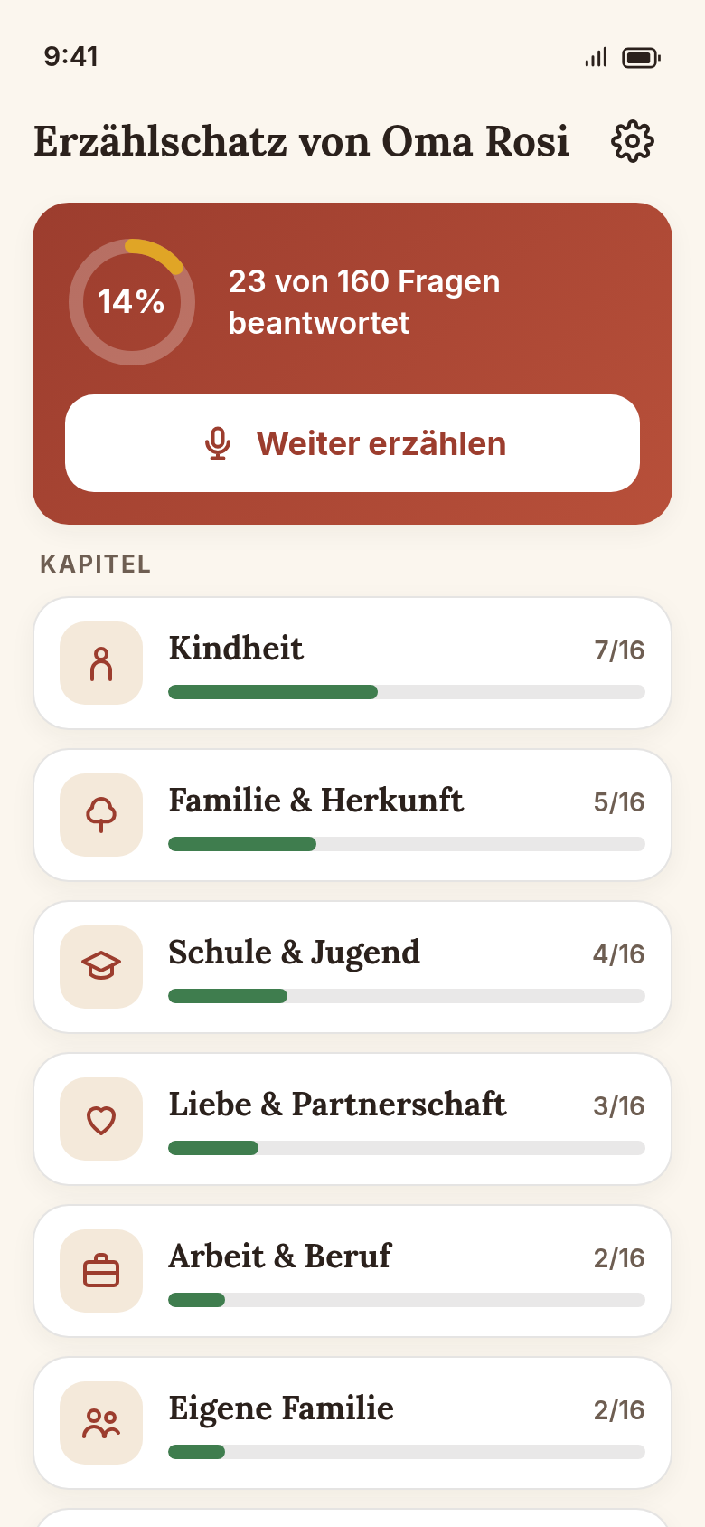 Startseite „Erzählschatz von Oma Rosi“ mit 23 von 160 beantworteten Fragen und Kapitelkarten mit Fortschrittsbalken