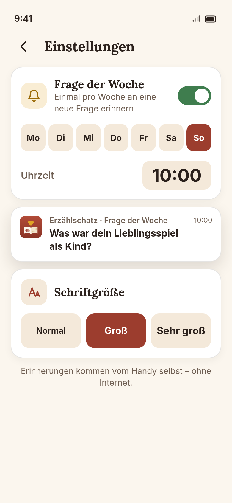 Einstellung „Frage der Woche“ mit gewähltem Wochentag Sonntag und Uhrzeit 10:00